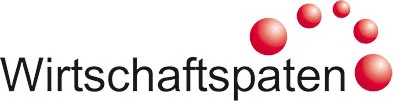Logo der Wirtschaftspaten mit fünf roten Kugeln in absteigender Größe rechts vom Schriftzug