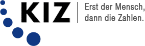 Logo von Kommunikations- und Innovationszentrum (kurz: KIZ) mit dem Slogan "Erst der Mensch, dann die Zahlen."