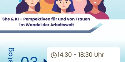 Illustration von fünf Frauen vor einem stilisierten Schaltkreis, Text zu Veranstaltung 'She & KI – Perspektiven für und von Frauen im Wandel der Arbeitswelt' am 3. Juli von 14:30 bis 18:30 Uhr im k1 BusinessClub Frankfurt