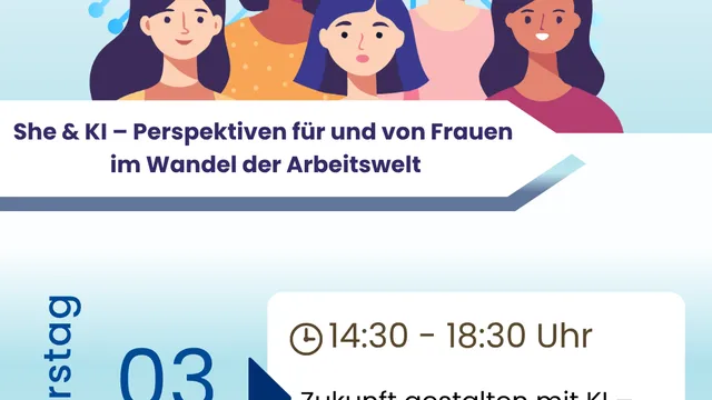 Illustration von fünf Frauen vor einem stilisierten Schaltkreis, Text zu Veranstaltung 'She & KI – Perspektiven für und von Frauen im Wandel der Arbeitswelt' am 3. Juli von 14:30 bis 18:30 Uhr im k1 BusinessClub Frankfurt