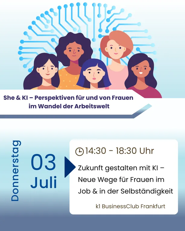 Illustration von fünf Frauen vor einem stilisierten Schaltkreis, Text zu Veranstaltung 'She & KI – Perspektiven für und von Frauen im Wandel der Arbeitswelt' am 3. Juli von 14:30 bis 18:30 Uhr im k1 BusinessClub Frankfurt