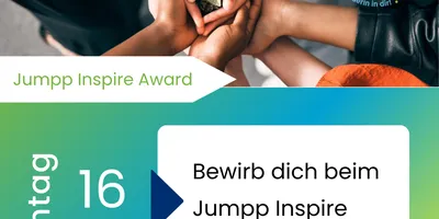 Mehrere Hände halten gemeinsam eine kleine Pflanze, Text 'Bewirb dich beim Jumpp Inspire Award 2025! Montag 16 Juni Online', Jumpp Inspire Award Logo