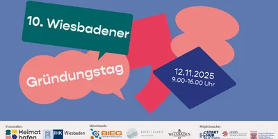 Mehrfarbige Sprechblasen mit Text '10. Wiesbadener Gründungstag' und '12.11.2025 9.00-16.00 Uhr', darunter Logos verschiedener Veranstalter und Partner.