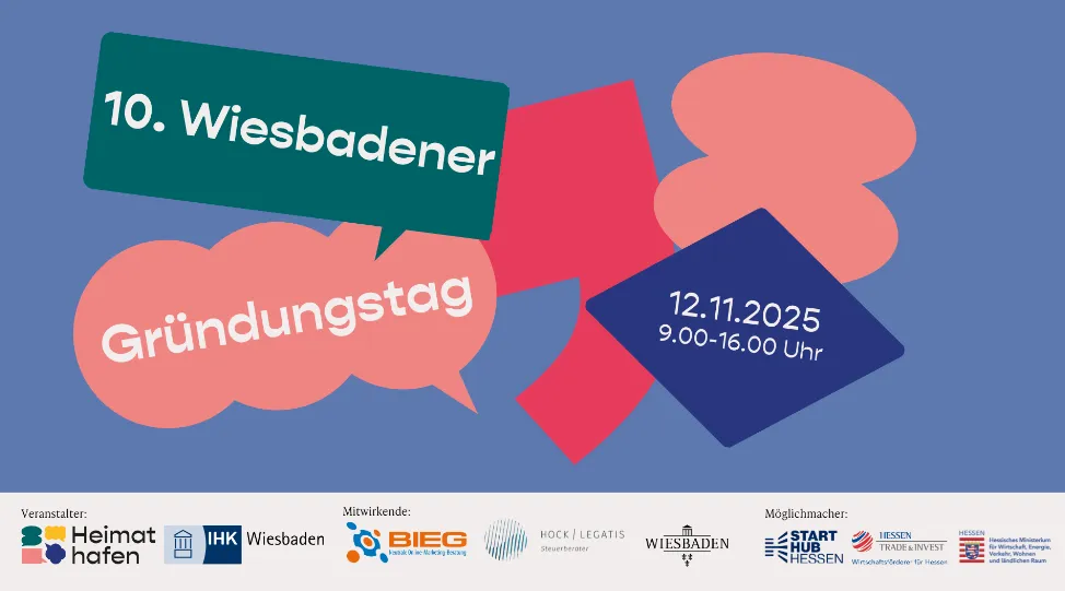 Mehrfarbige Sprechblasen mit Text '10. Wiesbadener Gründungstag' und '12.11.2025 9.00-16.00 Uhr', darunter Logos verschiedener Veranstalter und Partner.