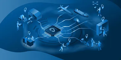 Zentrale Computerchip-Grafik mit verbundenen Linien zu verschiedenen Transport- und Logistiksymbolen wie Flugzeug, Schiff, Drohne, Lagerhaus und Personen mit Tablets