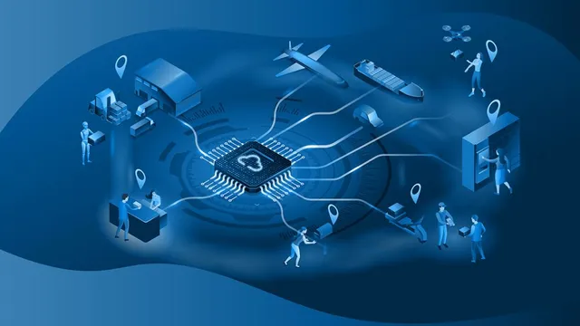 Zentrale Computerchip-Grafik mit verbundenen Linien zu verschiedenen Transport- und Logistiksymbolen wie Flugzeug, Schiff, Drohne, Lagerhaus und Personen mit Tablets