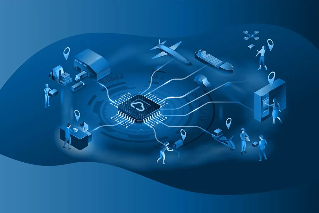 Zentrale Computerchip-Grafik mit verbundenen Linien zu verschiedenen Transport- und Logistiksymbolen wie Flugzeug, Schiff, Drohne, Lagerhaus und Personen mit Tablets