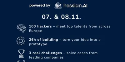 Text mit Veranstaltungshinweis zum AI-Hackathon FUTURY BUILD_DAYS am 07. und 08.11., organisiert von hessian.AI, mit Angaben zu Teilnehmern, Dauer, Herausforderungen und Preisen, darunter Logos von WISAG, Deutsche Bank und MAINGAU.