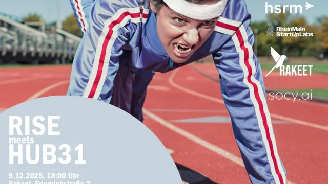 Person in blauem Trainingsanzug mit weißen und roten Streifen in Startposition auf roter Laufbahn, Textblock mit Veranstaltungshinweis und Logos rechts.