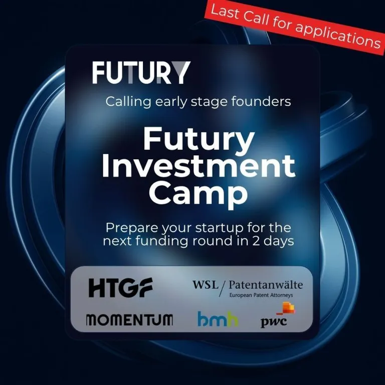 Werbung für den Futury Investment Camp mit Aufruf zur Bewerbung, Logos von HTGF, WSL, Momentum, bmh und pwc auf dunklem Hintergrund