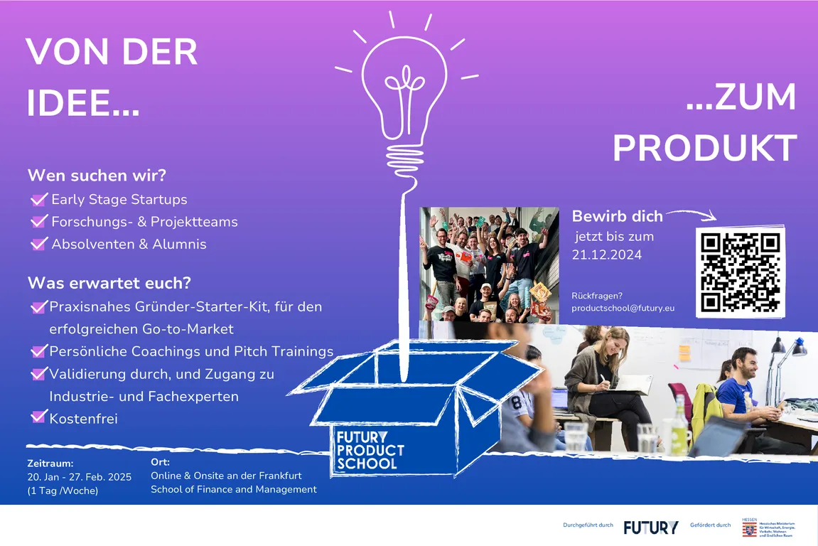 Veranstaltungsbanner der Futury Product School 2024. Von der Idee zum Produkt.