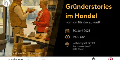 Zwei Personen im Gespräch in einem Schuhgeschäft, Text zu Veranstaltung 'Gründerstories im Handel – Fashion für die Zukunft' am 30. Juni 2025 um 17 Uhr bei Zehenspiel GmbH in Erbach