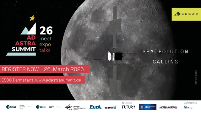 Raumsonde vor der Mondoberfläche mit Text zu Ad Astra Summit 2026 und Registrierungsaufruf