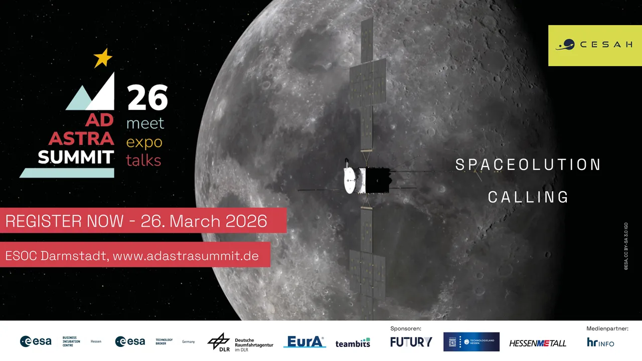 Raumsonde vor der Mondoberfläche mit Text zu Ad Astra Summit 2026 und Registrierungsaufruf