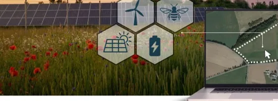 Agrario Energy: Im Hintergrund ist ein Feld mit einem Solarpark abgebildet. Rechts wird eine Landwirtschaftliche Fläche abgebildet, die für Solar, Windparks oder ähnliches verwendet werden könnten.