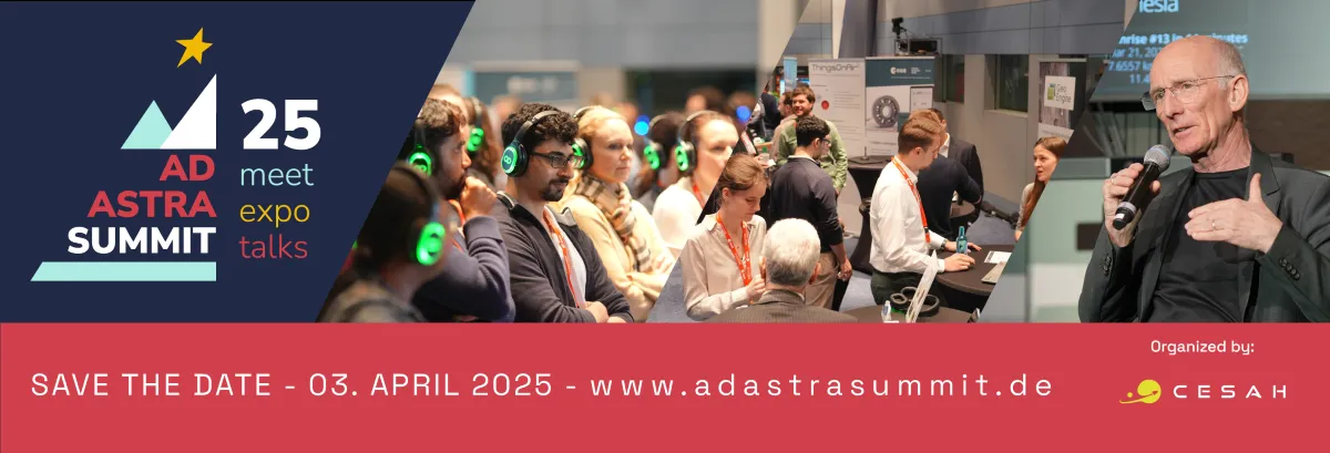 Einladung zum Ad Astra Summit 2025, organisiert von CESAH. Auf dem Banner sind drei Bilder abgebildet: 1.  Publikum, das Silent-Kopfhörer trägt; 2. Menschen, die miteinander reden; 3. Ein Mann mit Mikrophon in der Hand.