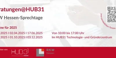 Plakat mit dem Titel ‚Beratungen@HUB31 – RKW Hessen-Sprechtage‘. Es listet die Beratungstermine für das Jahr 2025 auf: 17.06., 06.08., 01.10. und 03.12.2025. Die Beratungen finden jeweils von 10:00 bis 17:00 Uhr im HUB31.