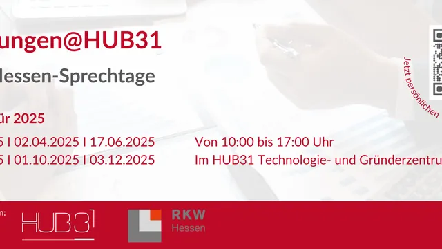 Plakat mit dem Titel ‚Beratungen@HUB31 – RKW Hessen-Sprechtage‘. Es listet die Beratungstermine für das Jahr 2025 auf: 17.06., 06.08., 01.10. und 03.12.2025. Die Beratungen finden jeweils von 10:00 bis 17:00 Uhr im HUB31.