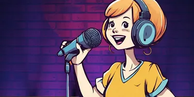 Person mit Kopfhörern hält ein Mikrofon vor einem Ziegelstein-Hintergrund