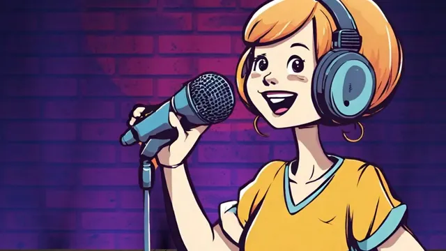 Person mit Kopfhörern hält ein Mikrofon vor einem Ziegelstein-Hintergrund