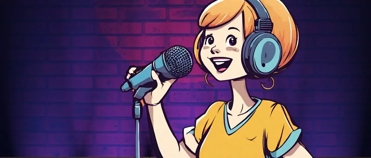 Person mit Kopfhörern hält ein Mikrofon vor einem Ziegelstein-Hintergrund