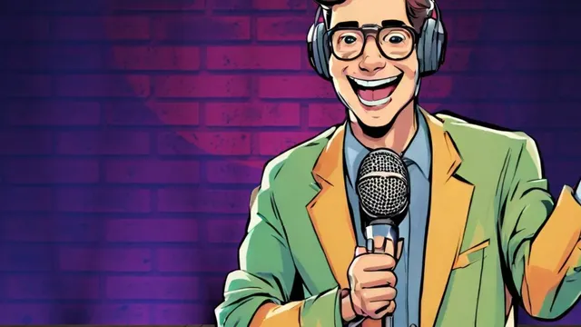 Mann mit Kopfhörern hält Mikrofon und gestikuliert vor einer Backsteinwand