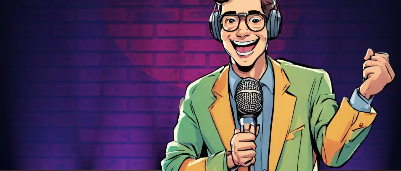 Mann mit Kopfhörern hält Mikrofon und gestikuliert vor einer Backsteinwand