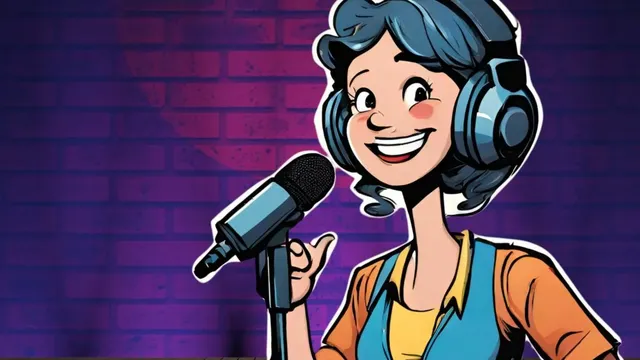 Person mit Kopfhörern und Mikrofon vor einer lila Backsteinwand