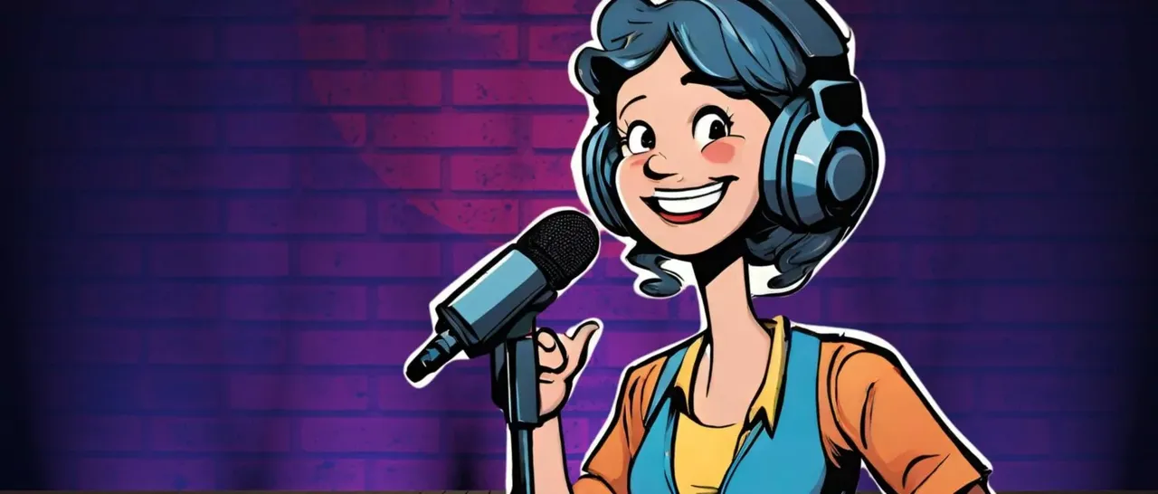 Person mit Kopfhörern und Mikrofon vor einer lila Backsteinwand