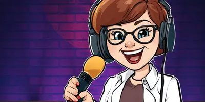 Illustration einer Person mit Kopfhörern und Mikrofon vor einer Ziegelsteinwand