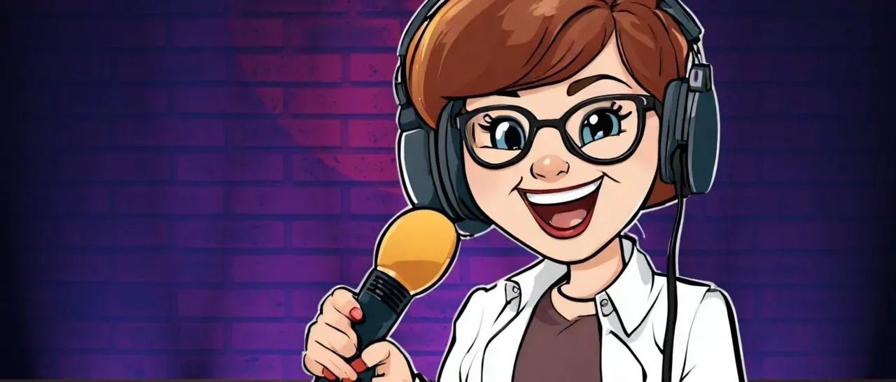 Illustration einer Person mit Kopfhörern und Mikrofon vor einer Ziegelsteinwand