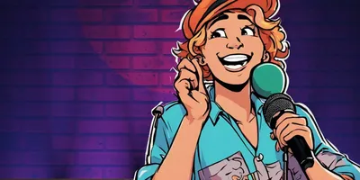 Person mit lockigem Haar und orangefarbener Mütze hält ein Mikrofon und eine Karte vor einer Backsteinwand