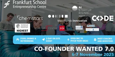 Mehrere Personen sitzen in einem modernen Besprechungsraum mit Logos von Unternehmen und Veranstaltungen wie Frankfurt School Entrepreneurship Centre, Max-Planck-Innovation und CODE überlagert. Textbanner mit Veranstaltungshinweisen und Datum 6-7 November