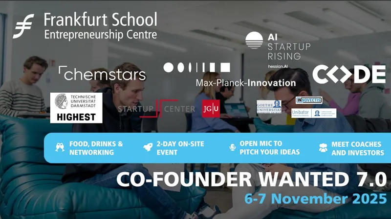 Mehrere Personen sitzen in einem modernen Besprechungsraum mit Logos von Unternehmen und Veranstaltungen wie Frankfurt School Entrepreneurship Centre, Max-Planck-Innovation und CODE überlagert. Textbanner mit Veranstaltungshinweisen und Datum 6-7 November