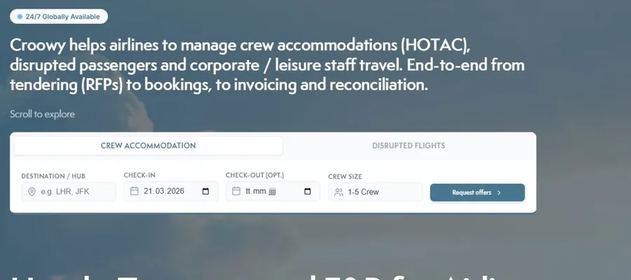 Webseite mit Suchmaske für Crew-Unterkünfte und Flugstörungen, sichtbare Eingabefelder für Zielort, Check-in, Check-out und Crew-Größe sowie Schaltfläche 'Request offers'