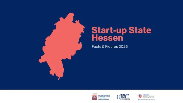 Rote Umrisskarte von Hessen vor dunkelblauem Hintergrund mit dem Text 'Start-up State Hessen Facts & Figures 2025' und Logos von Hessischem Wirtschaftsministerium, Start Hub Hessen und Hessen Trade & Invest