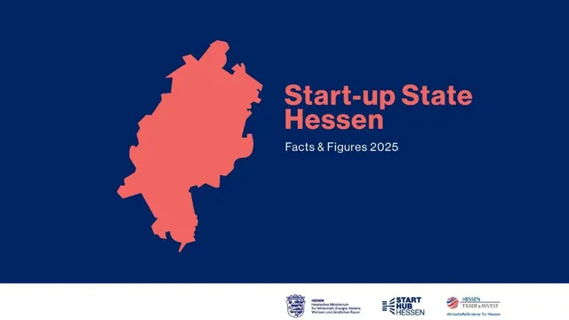 Rote Umrisskarte von Hessen neben dem Text 'Start-up State Hessen Facts & Figures 2025' auf dunkelblauem Hintergrund