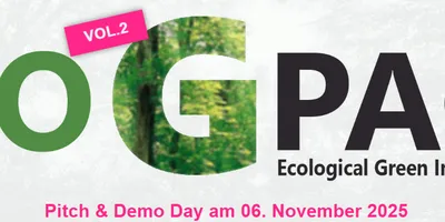 Schriftzug 'ECO G PACT' mit grünem Blattmuster im Buchstaben G, dazu 'TiGZ' und Text 'Pitch & Demo Day am 06. November 2025' in Pink.