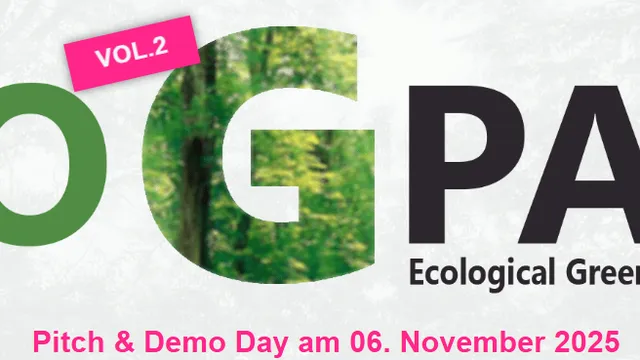 Schriftzug 'ECO G PACT' mit grünem Blattmuster im Buchstaben G, dazu 'TiGZ' und Text 'Pitch & Demo Day am 06. November 2025' in Pink.