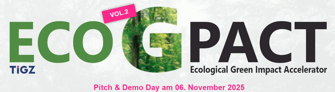 Schriftzug 'ECO G PACT' mit grünem Blattmuster im Buchstaben G, dazu 'TiGZ' und Text 'Pitch & Demo Day am 06. November 2025' in Pink.