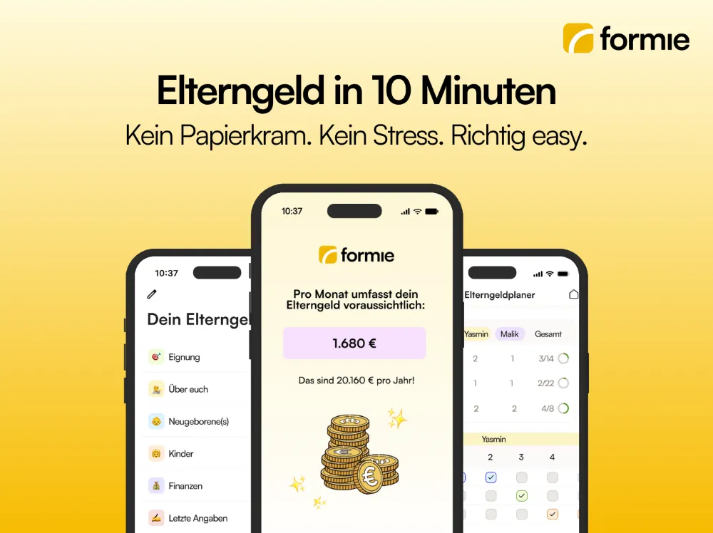 Drei Smartphones zeigen die formie-App: Elterngeldberechnung mit 1.680 Euro monatlich, Menü mit Kategorien und Elterngeldplaner mit Namen und Zahlen.