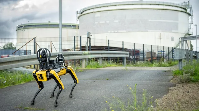 Gelber vierbeiniger Roboter mit schwarzem Kopf und Antennen auf Asphaltweg vor großen runden Industriebehältern.