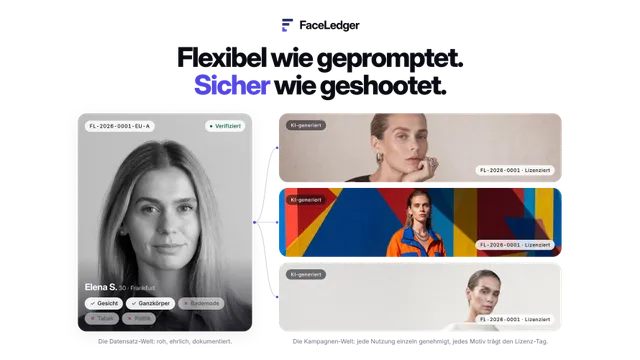 Zwei digitale Benutzeroberflächen mit Porträtfotos von Frauen, jeweils mit Labels und Statusanzeigen, vor farbigen und weißen Hintergründen.