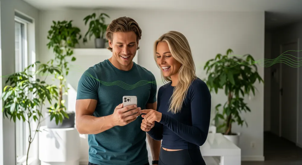 Zwei Personen in Sportkleidung stehen nebeneinander und schauen auf ein Smartphone, umgeben von Zimmerpflanzen und moderner Einrichtung.