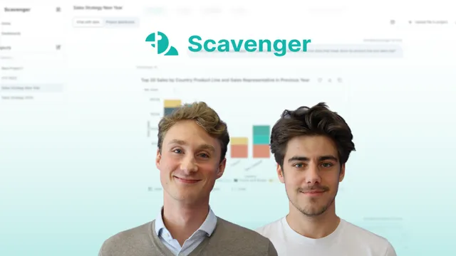 Zwei Männer vor einem Bildschirm mit einem Balkendiagramm und dem Schriftzug 'Scavenger' in Türkis und Schwarz.