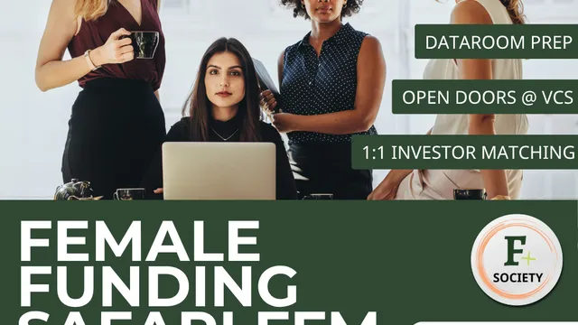 Drei Frauen in einem Büro mit Laptop, Textbanner 'FEMALE FUNDING SAFARI FFM' und Stichpunkten 'DATAROOM PREP', 'OPEN DOORS @ VCS', '1:1 INVESTOR MATCHING', Logos von MAFEX, Universität Marburg, Hessen, Start Hub Hessen, La Gründerbude, TQ, Futury und enco