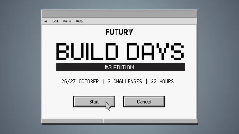 Computerfenster mit der Überschrift 'FUTURY BUILD DAYS #3 EDITION' und den Angaben '26/27 OCTOBER | 3 CHALLENGES | 32 HOURS' sowie zwei Schaltflächen 'Start' und 'Cancel', wobei der Mauszeiger auf 'Start' zeigt