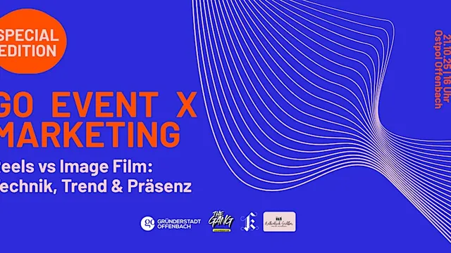 Orangefarbener Kreis mit Text 'SPECIAL EDITION', orangefarbener Text 'GO EVENT X MARKETING' und weiße Linien auf blauem Hintergrund, rechts vertikal Text '21.10. 21:15 Uhr post20 Offenbach'