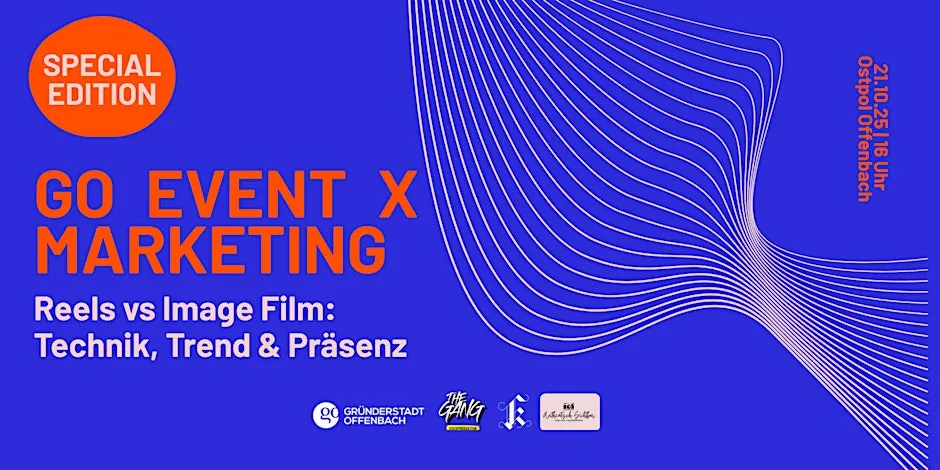 Orangefarbener Kreis mit Text 'SPECIAL EDITION', orangefarbener Text 'GO EVENT X MARKETING' und weiße Linien auf blauem Hintergrund, rechts vertikal Text '21.10. 21:15 Uhr post20 Offenbach'