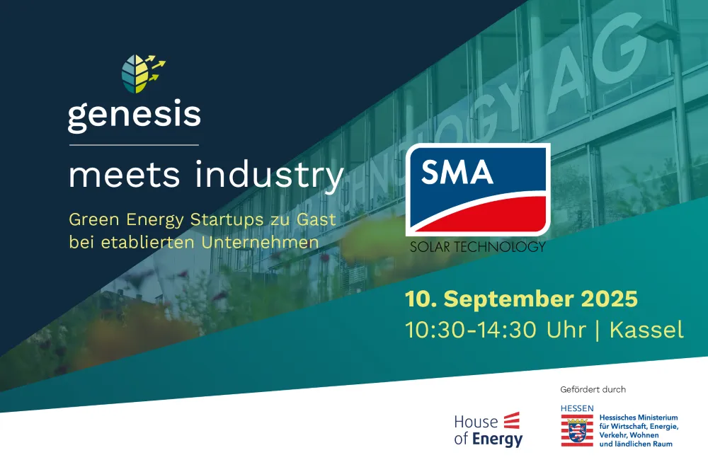 Veranstaltungsankündigung 'Genesis meets industry' am 10. September 2025 in Kassel mit SMA Solar Technology, Green Energy Startups zu Gast bei etablierten Unternehmen